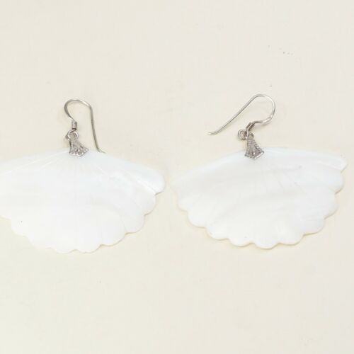 Vtg STERLING 925 SILVER Handmade Shell MOTHER OF PEARL EARRINGS Dangles