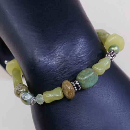 6.5”, Vintage Sterling Silver Handmade Bracelet, 925 Silver W/ Jade N Crystal