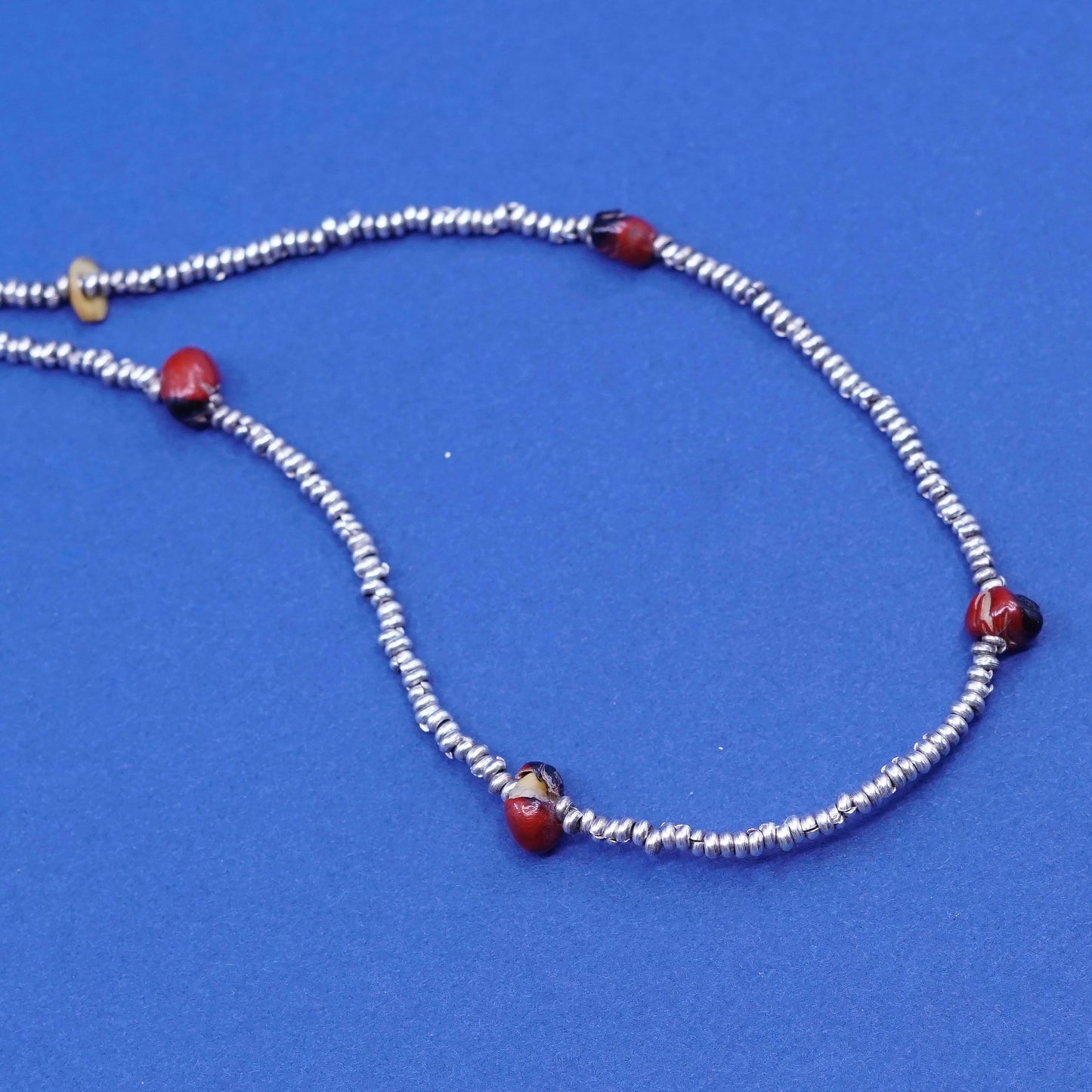 16”, Native American Navajo Sterling 950 silver heishi chain w/ coral beads