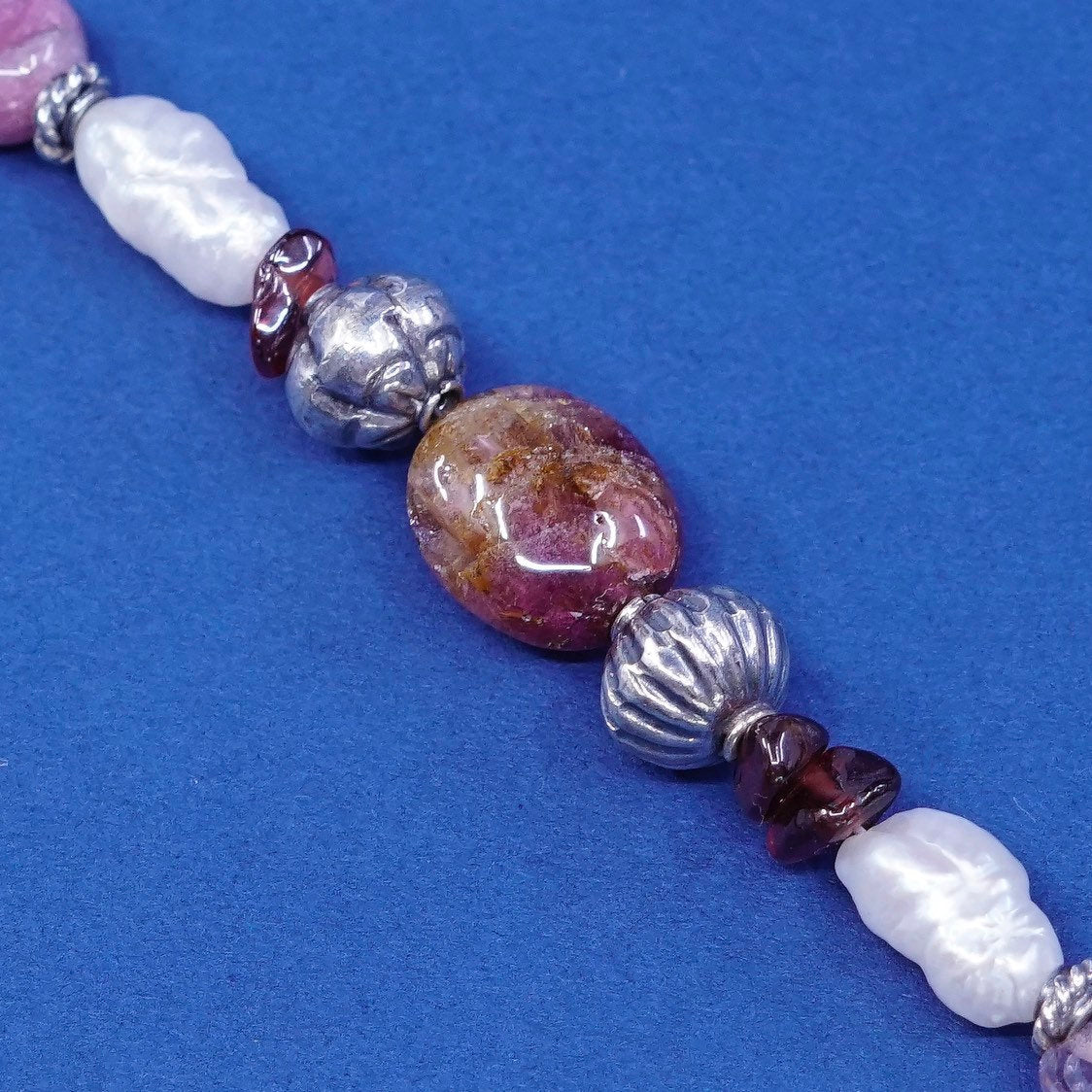 7", sterling 925 silver handmade bracelet, pearl w/ pink quartz beads