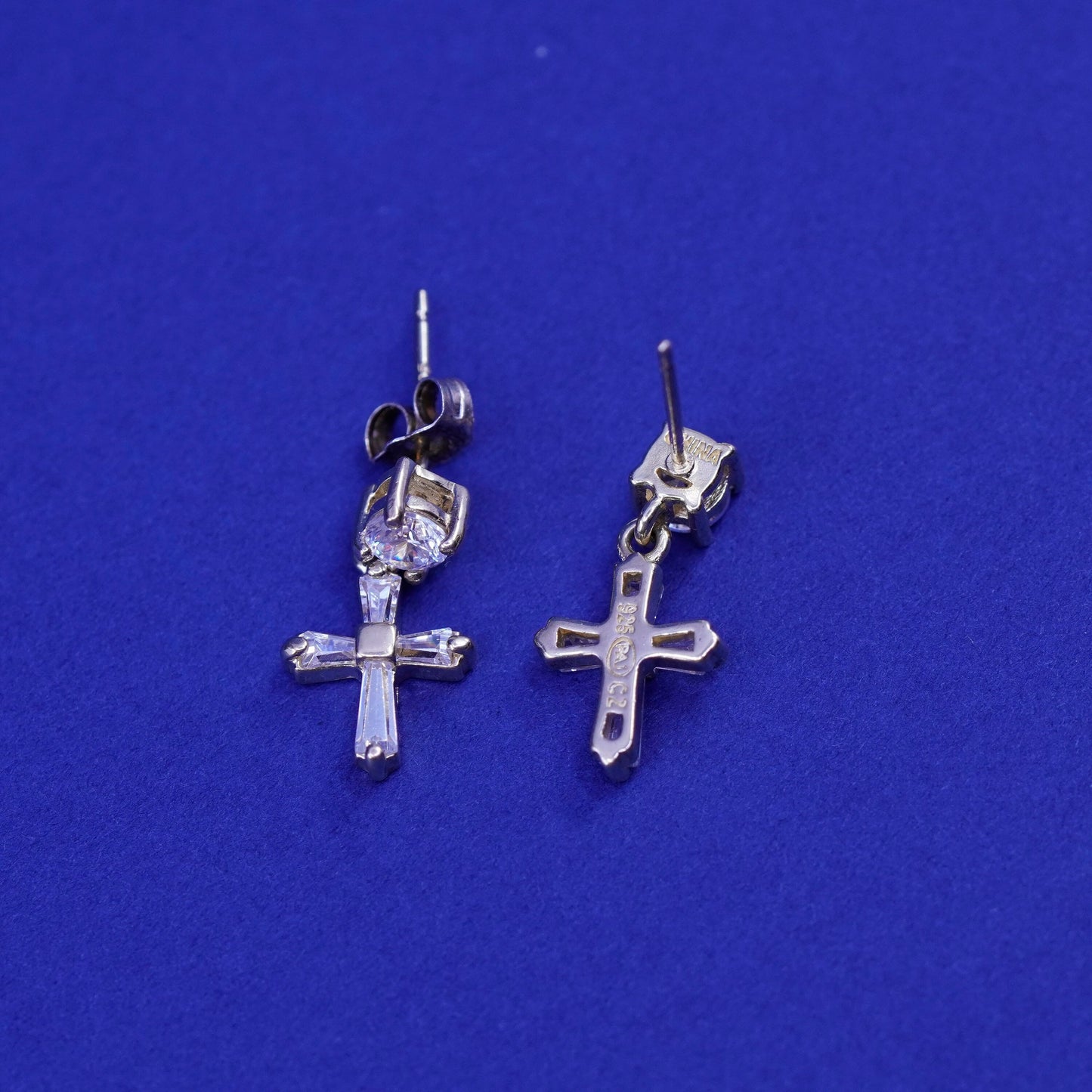 Vintage vermeil gold over Sterling silver handmade earrings, 925 cross with cz