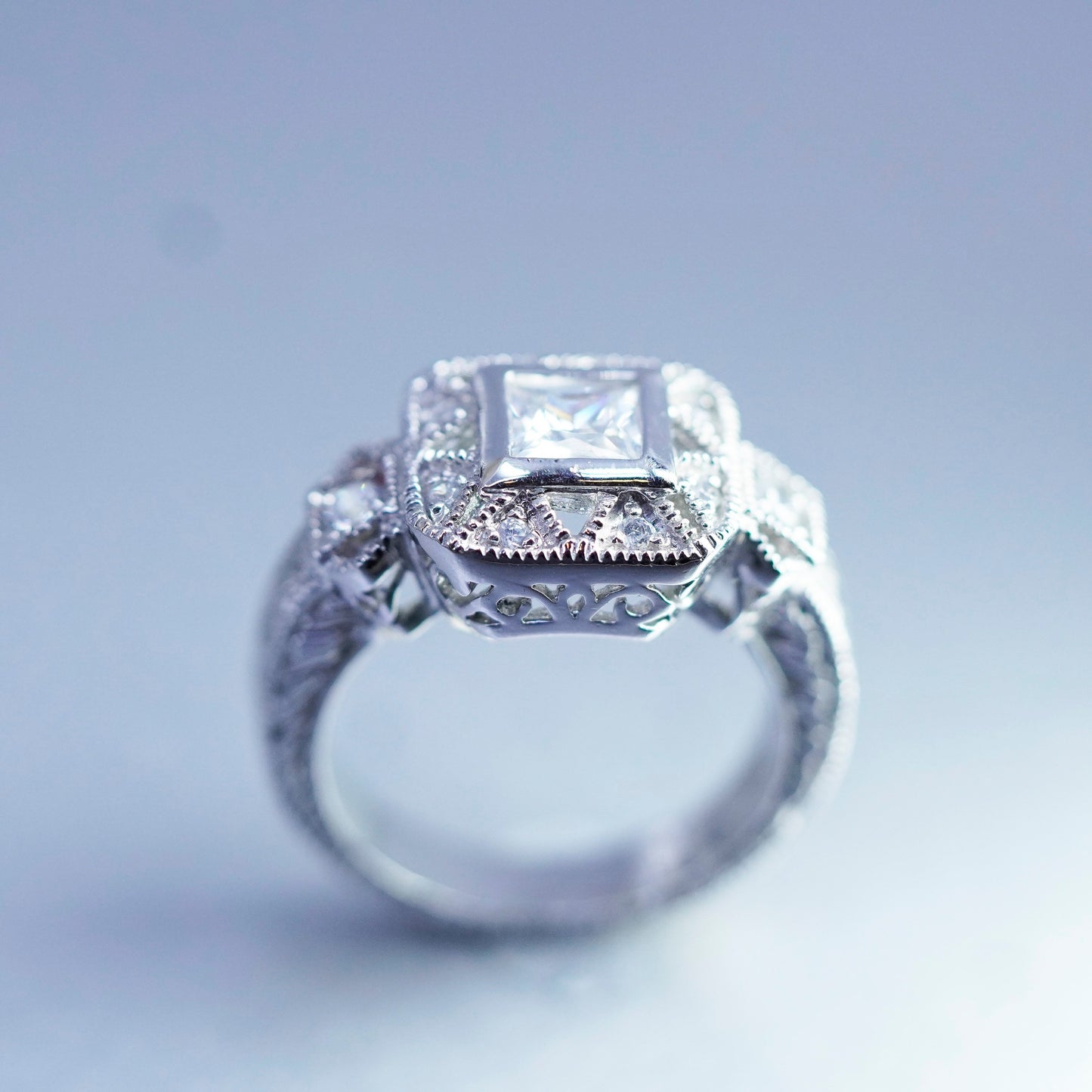 Size 7.25, vintage Sterling 925 silver handmade engagement ring with cluster Cz