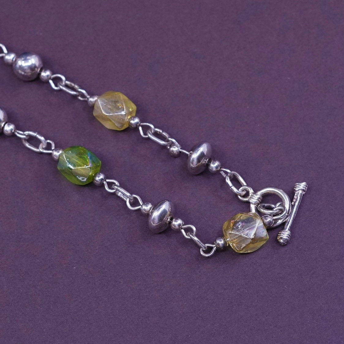 16", Sterling silver necklace 925 circle chain w/ crystal beads Toggle Closure