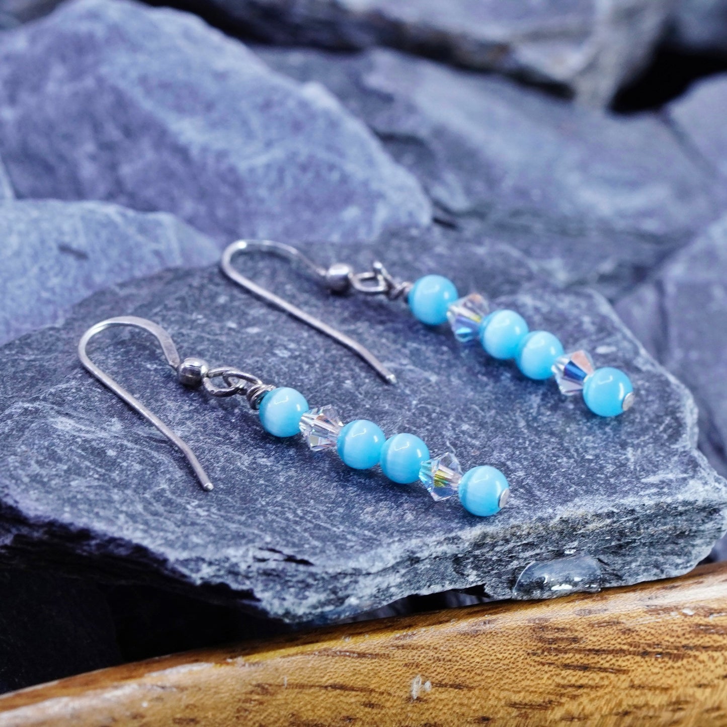 Vintage sterling 925 silver handmade earrings with blue tiger eye beads