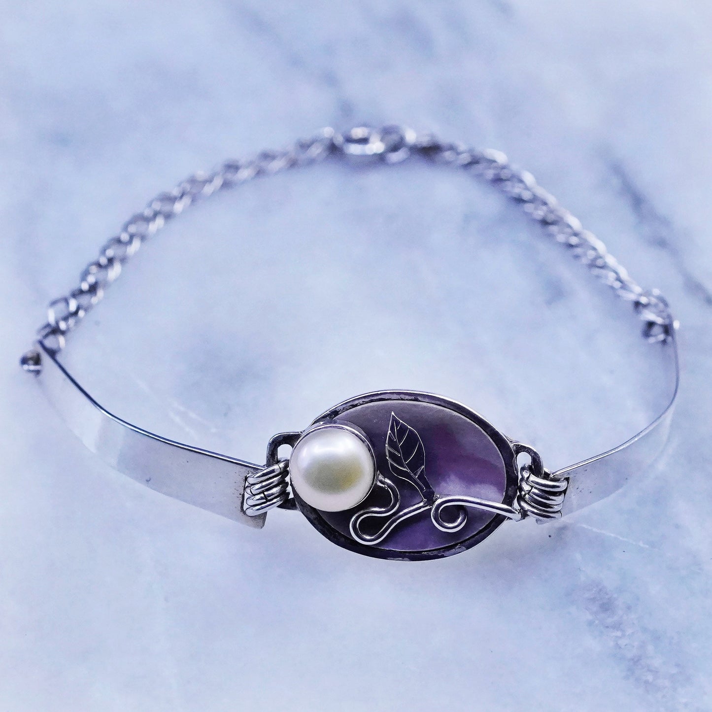7.5”, vtg Sterling silver handmade double curb bracelet pearl mother of pearl