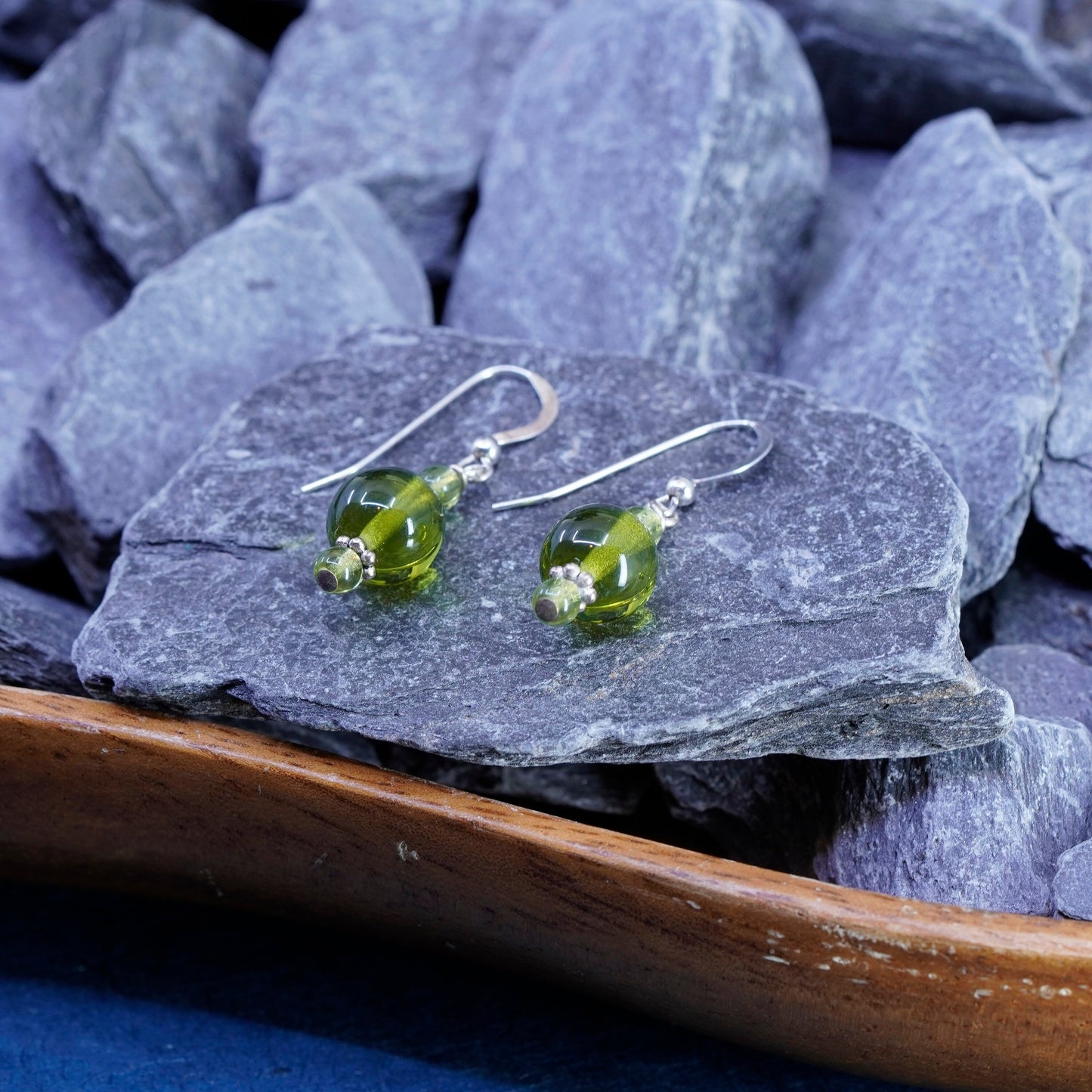 Vintage sterling 925 silver earrings with green cz dangles