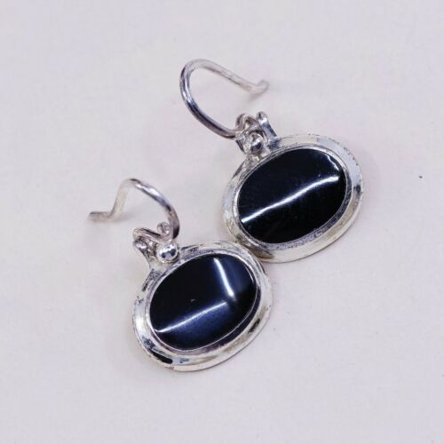 Amazing handmade Sterling Silver earrings, 925 Oval Obsidian Dangles