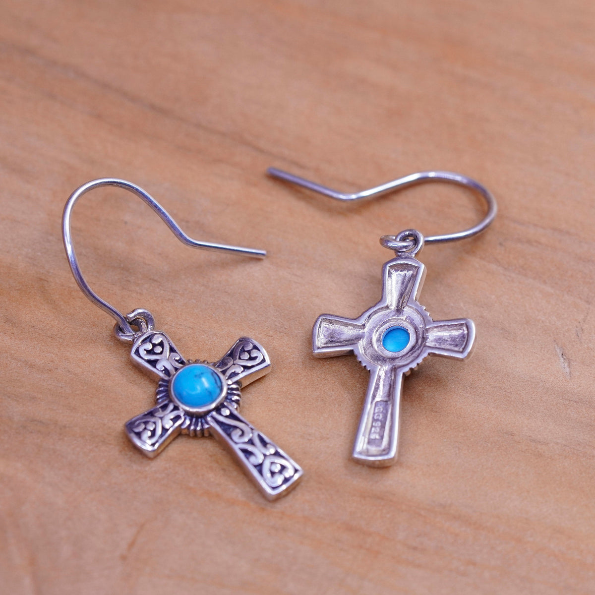 Vintage Sterling silver handmade earrings, 925 Bali cross with turquoise