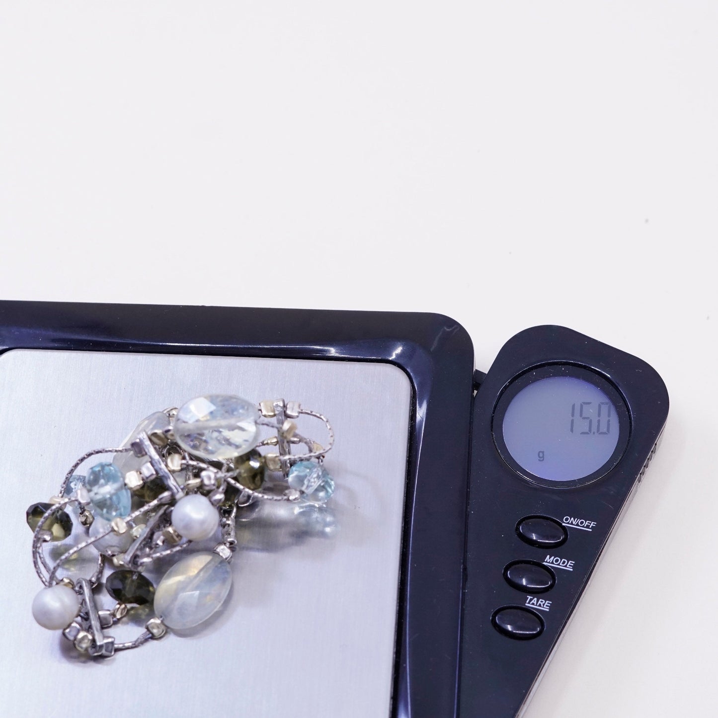 7”, Vintage Sterling 925 silver handmade bracelet, pearl with crystal topaz