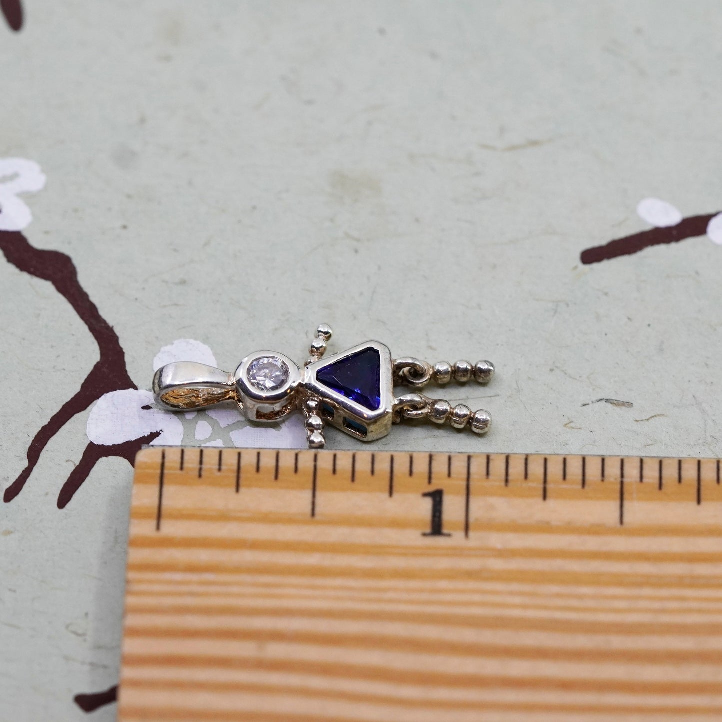 Vintage sterling silver birthstone pendant, girl figure charm with sapphire