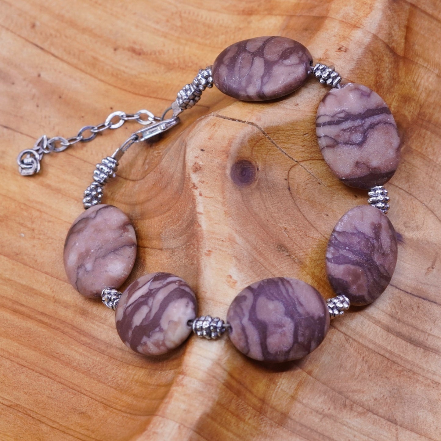 6.75+1.5”, Sterling 925 silver handmade bracelet with Jasper nuggets bracelet