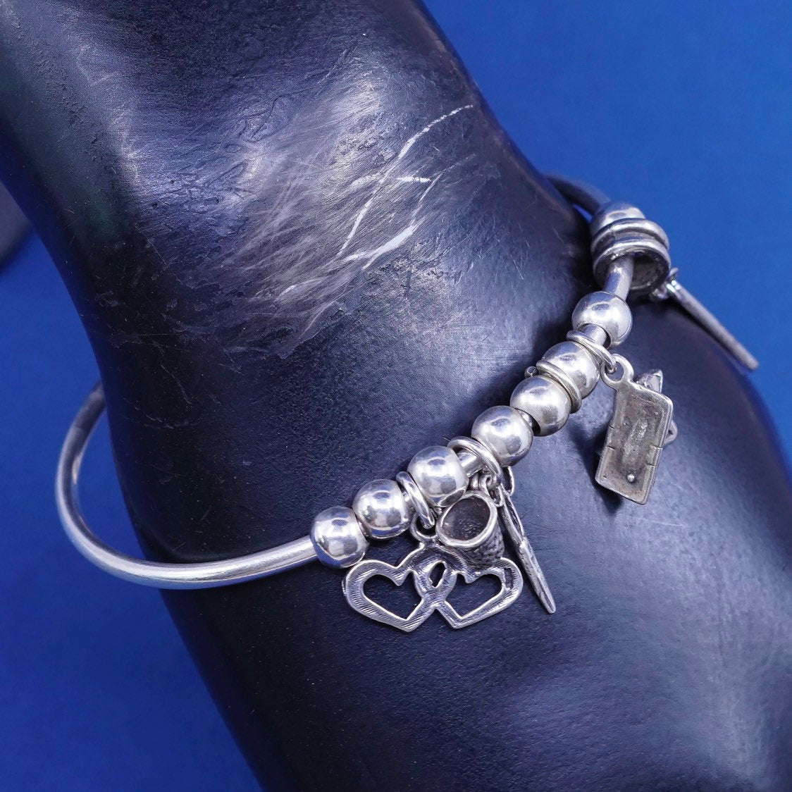 6.5" vtg Sterling silver handmade bracelet, Mexico 925 charm cuff double heart