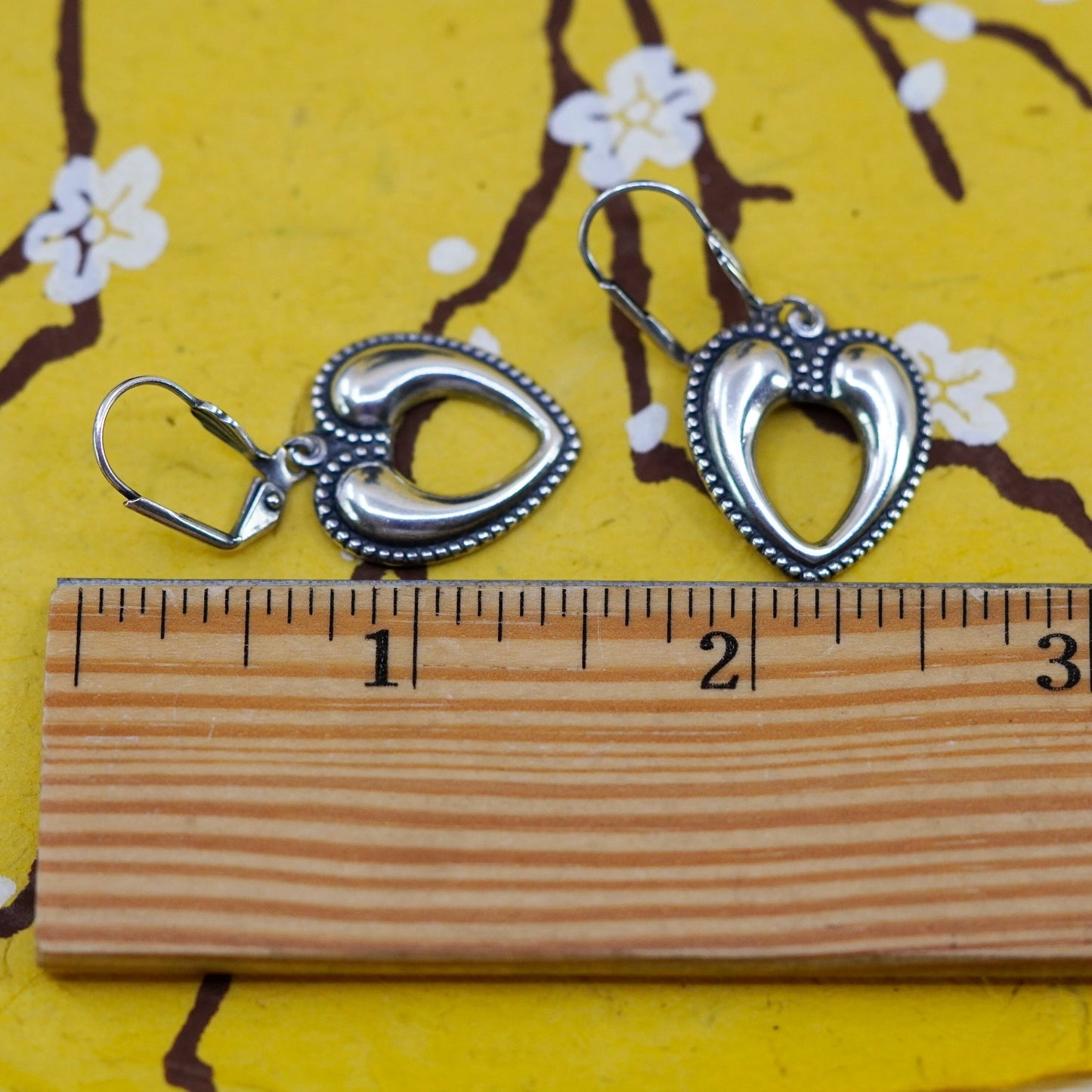 Vintage Sterling silver handmade earrings, 925 heart dangles with beads