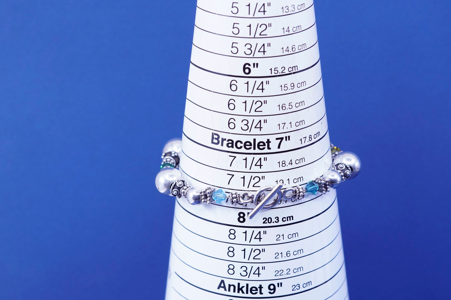 7.75”, vintage sterling 925 silver handmade bracelet with crystal beads