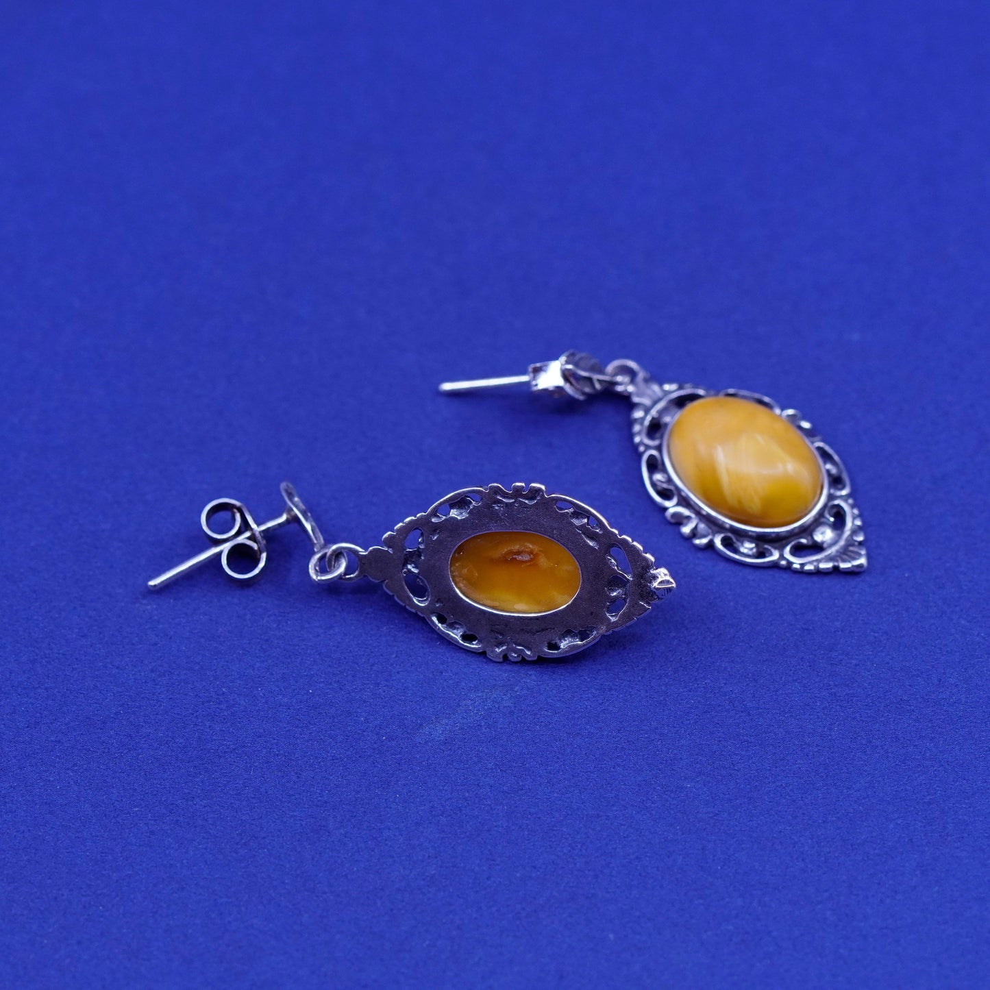 Vintage sterling 925 silver handmade filigree earrings with oval amber