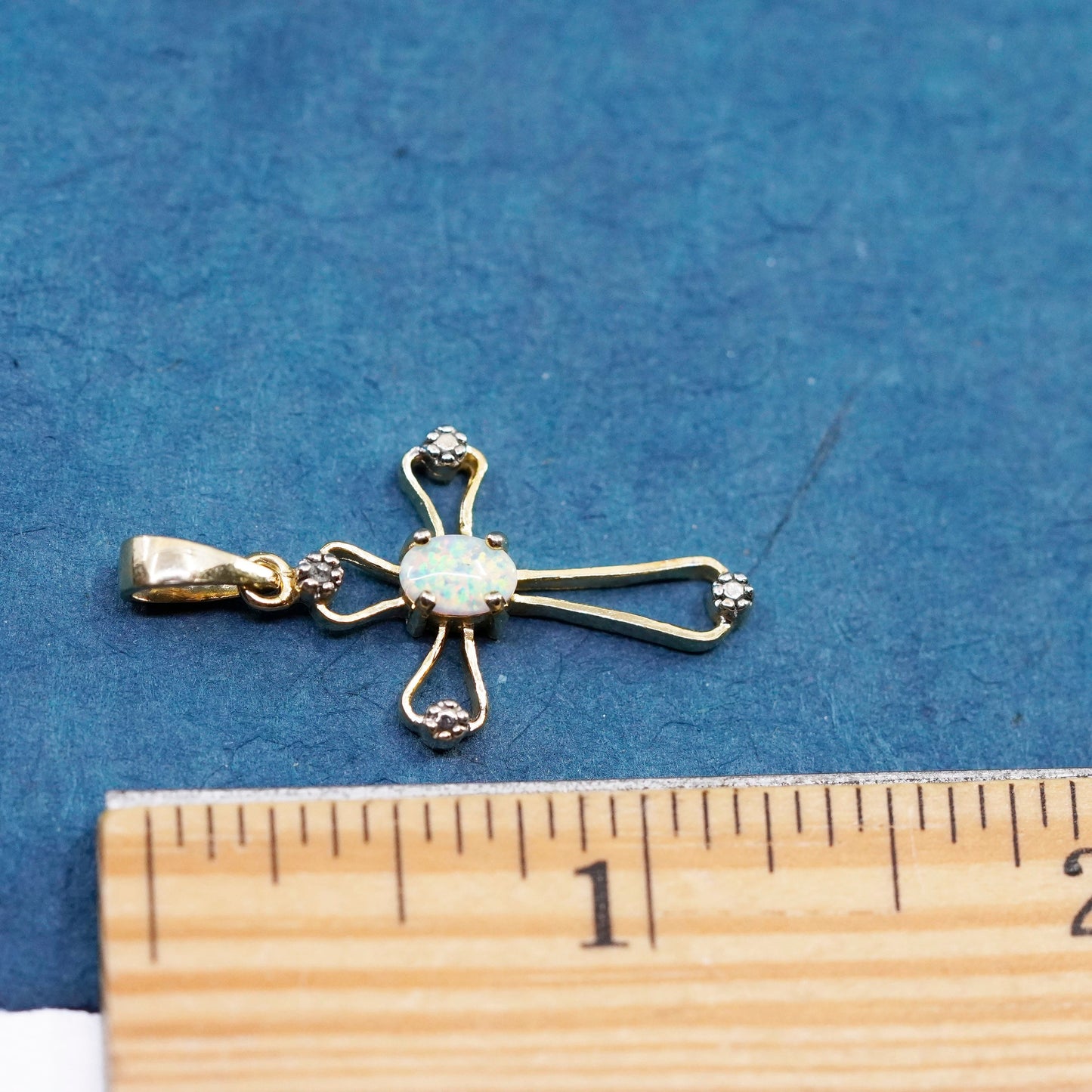 Vermeil gold over Sterling silver pendant, 925 cross with diamond and opal