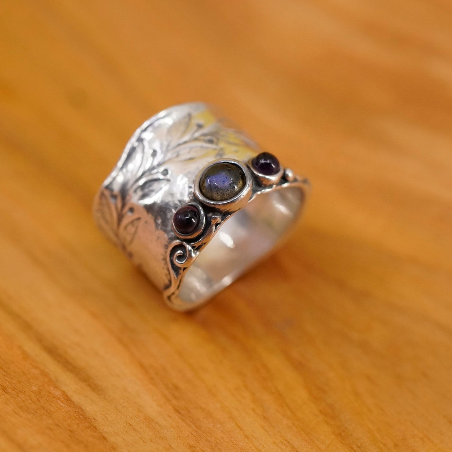 Size 7, Israel Sterling silver ring, 925 statement wide band moonstone amethyst
