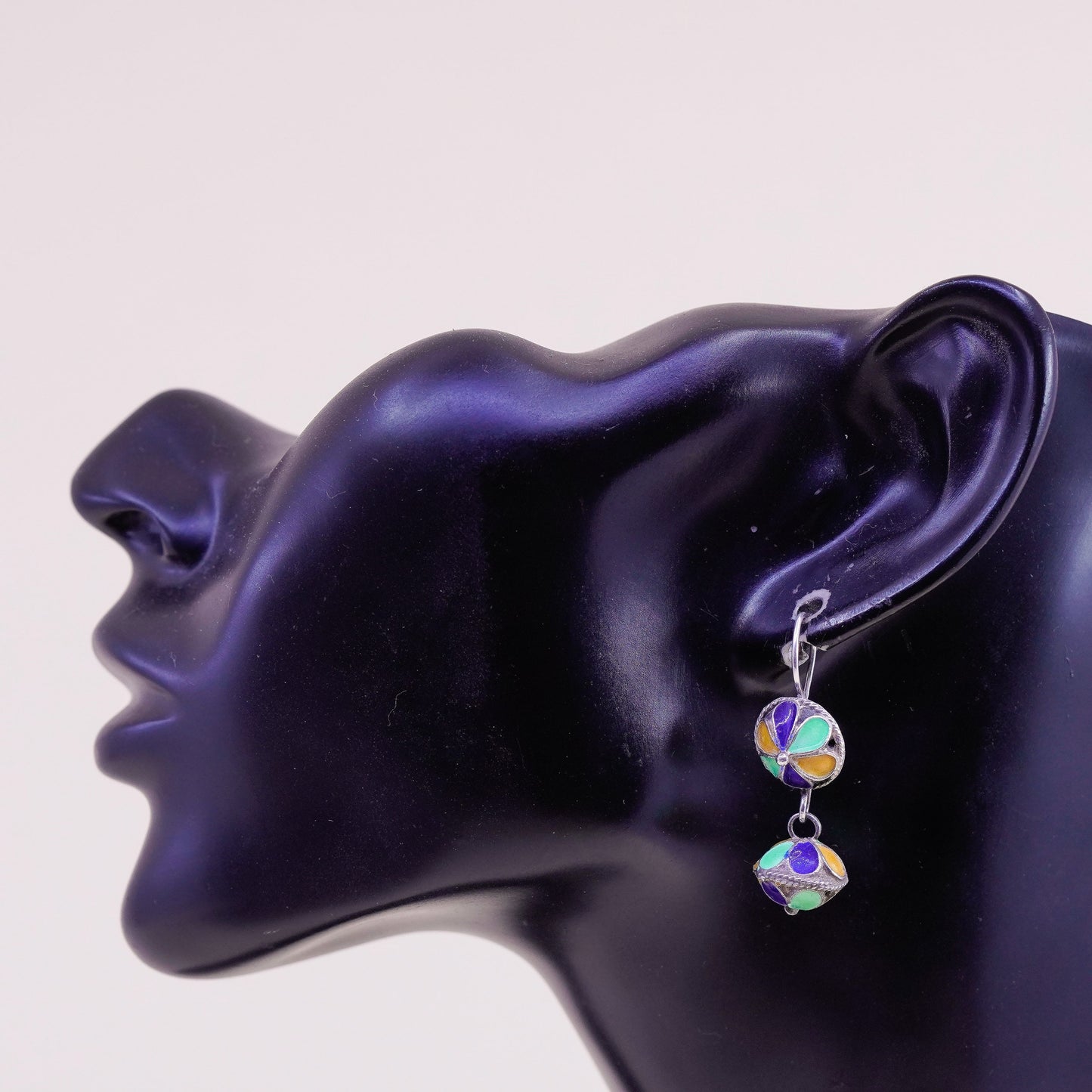 Vintage sterling 925 silver handmade bead earrings with enamel