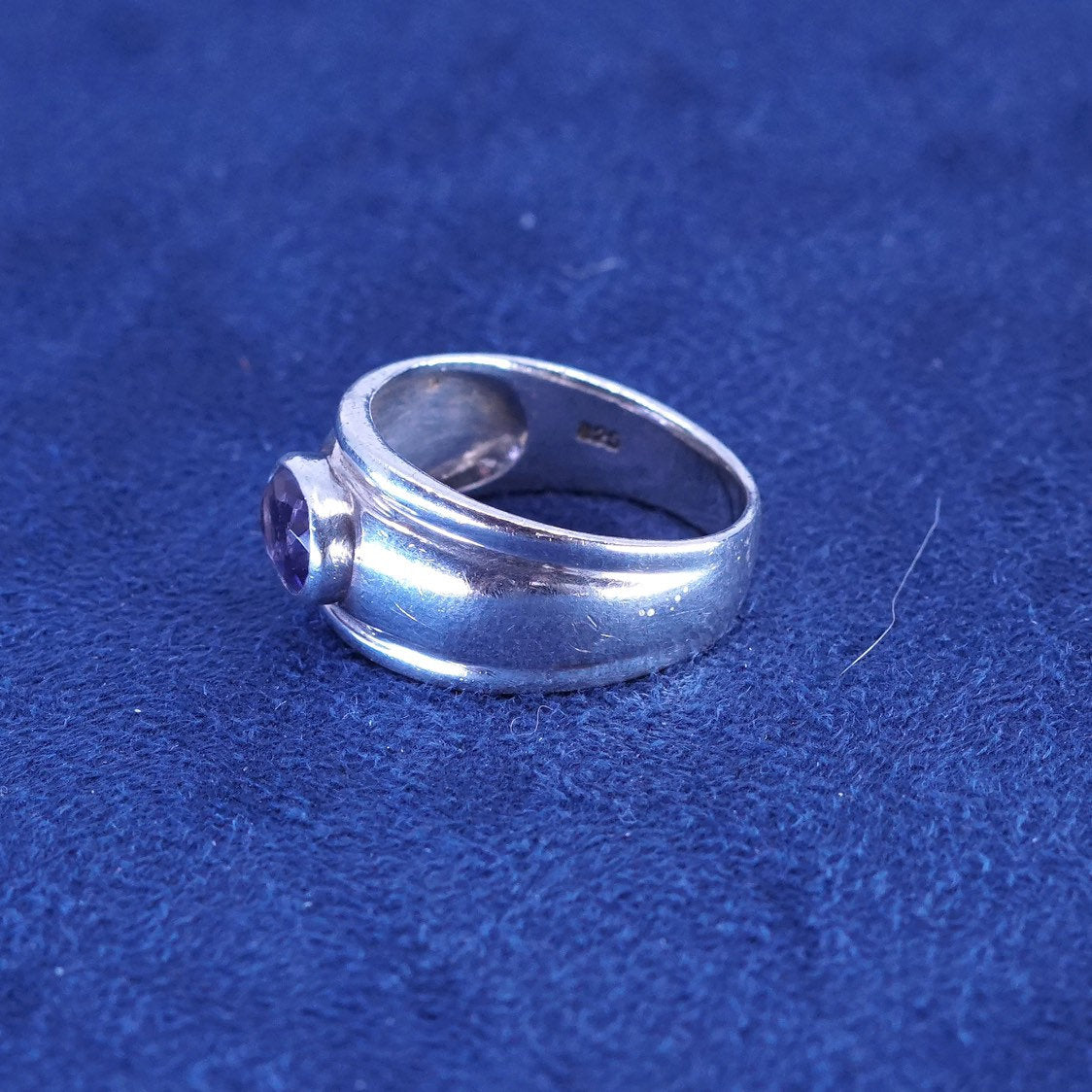 sz 9, vtg Sterling silver handmade ring, 925 w/ amethyst ring, stamped 925