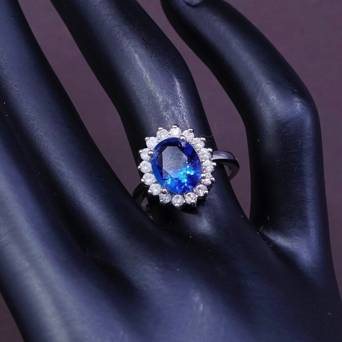 sz 6.25, vtg sterling silver handmade ring, 925 w/ crystal N sapphire details