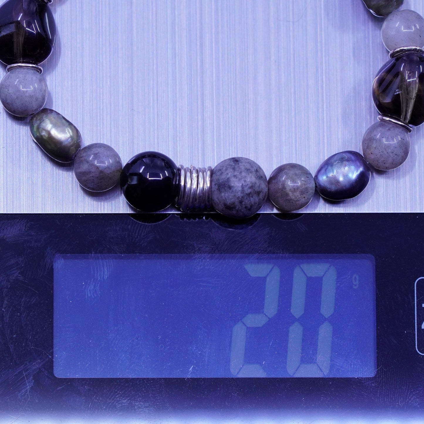 7”, QG Sterling 925 silver bracelet freshwater pearl, smoky topaz, labradorite