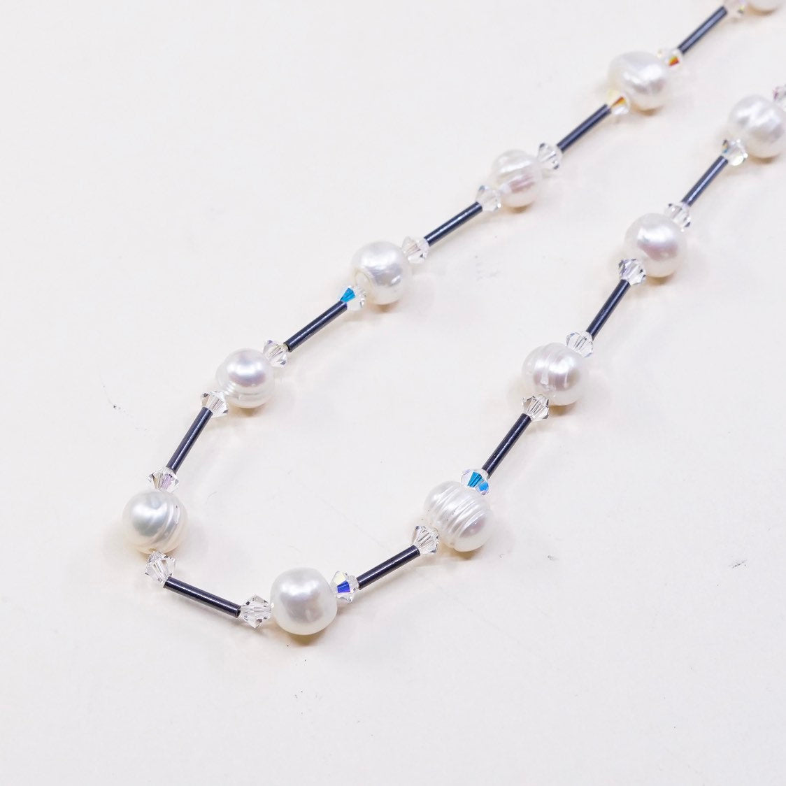 18”, vtg handmade Sterling silver bar link chain with pearl beads details
