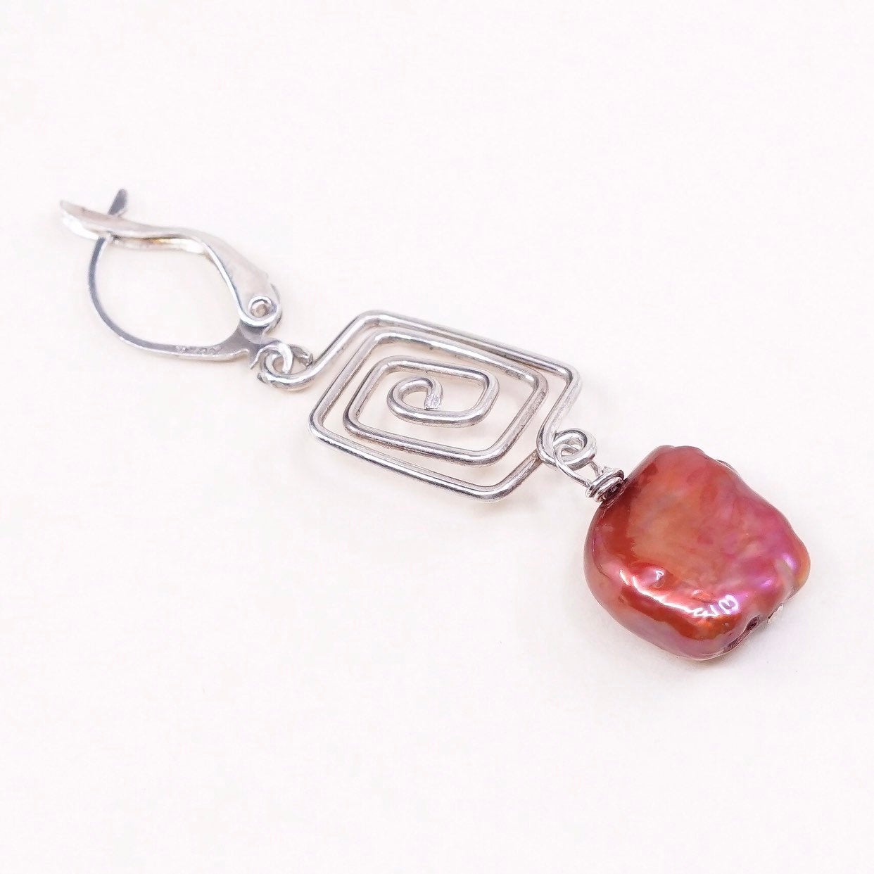 VTG sterling silver handmade earrings, 925 swirl dangles w/ red pearl beads