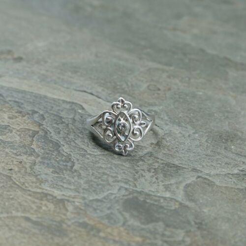 Sz 7, Vtg Sterling Silver Handmade Ring, 925 Filigree Whirl Band W/ Crystal