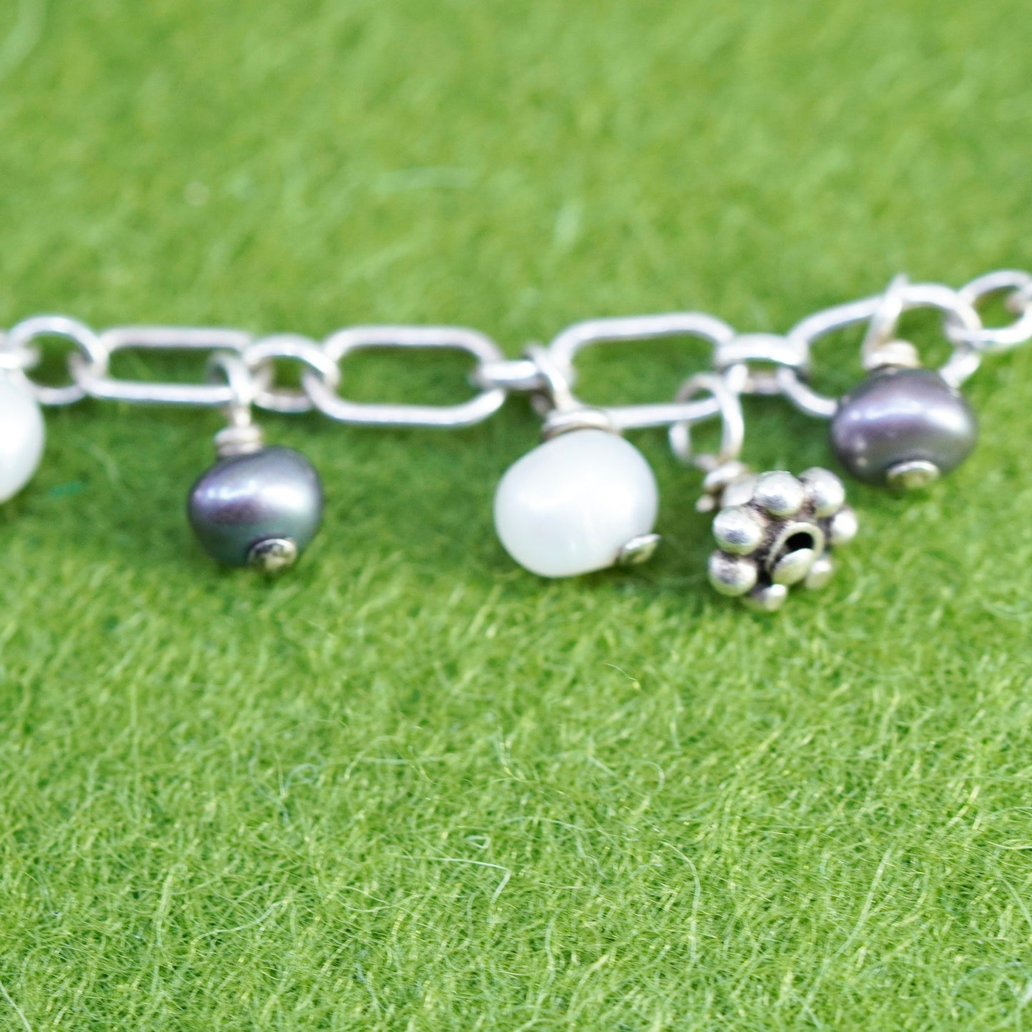 6.75”, Vintage handmade bracelet, elongated chain with freshwater pearl beads