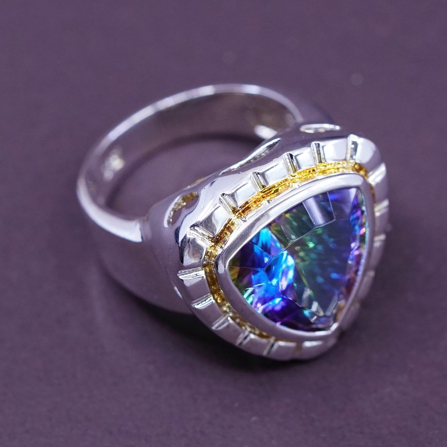 Size 7.25, vtg statement cocktail ring, Sterling 925 Silver rainbow topaz Ring