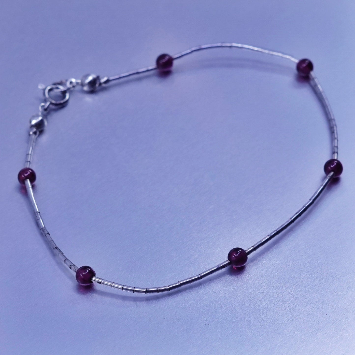 8”, Vintage Sterling 925 silver handmade bracelet, liquid chain garnet charms