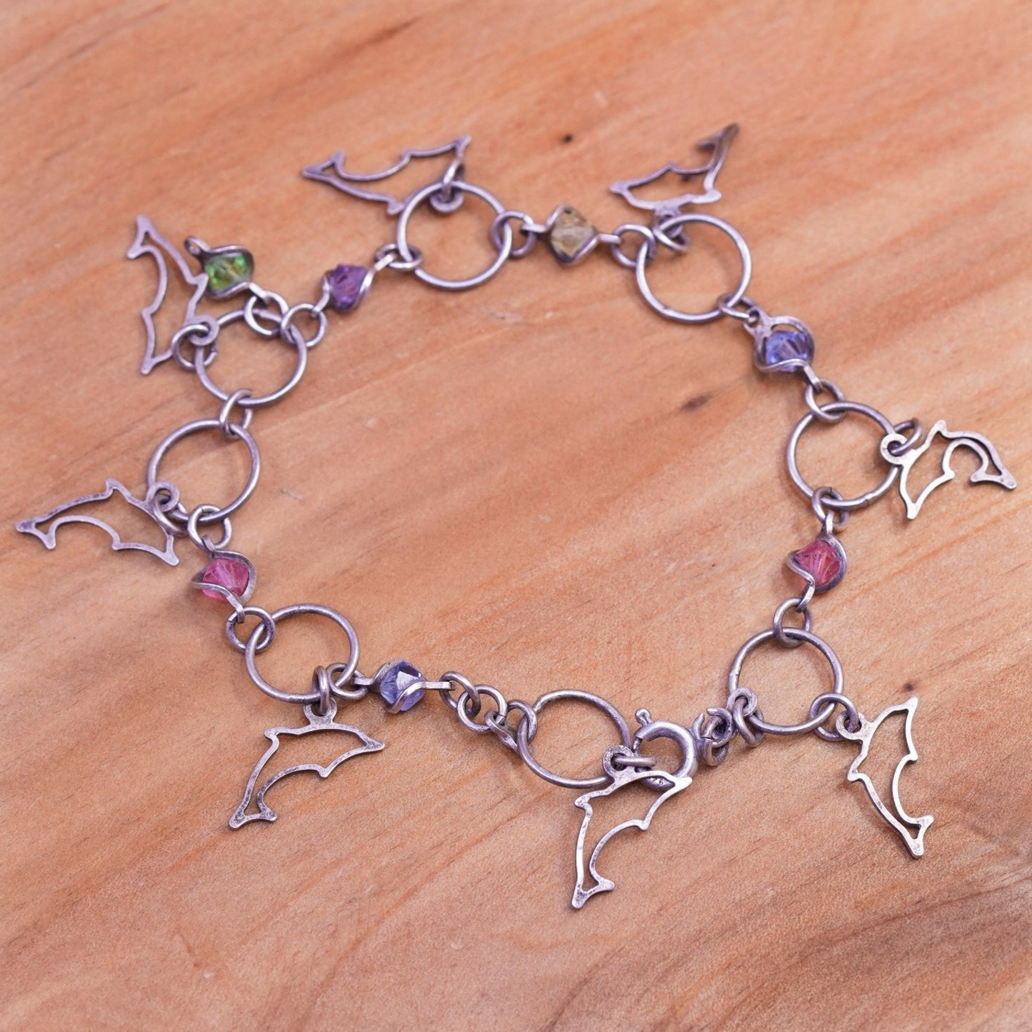 6.5”, vintage Sterling silver handmade bracelet, 925 chain with dolphin charms