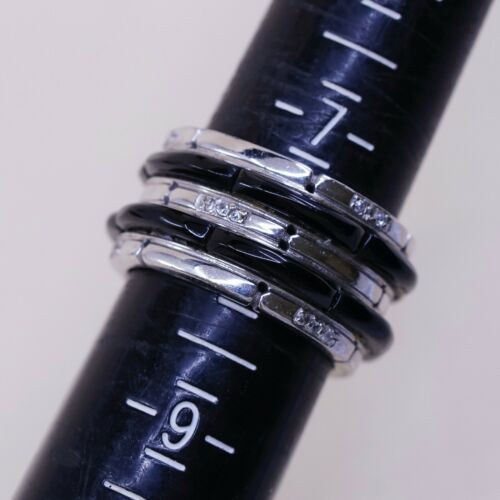 Sz 7.5, Vtg Sterling Silver Handmade Ring, 925 Silver Band W Obsidian Inlay