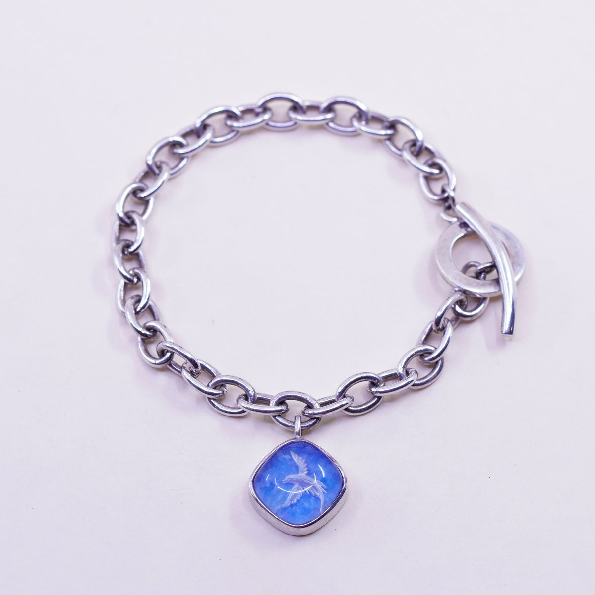 7” Ricardo Intaglio Cayman Islands Sterling 925 Silver bracelet blue dove Charm