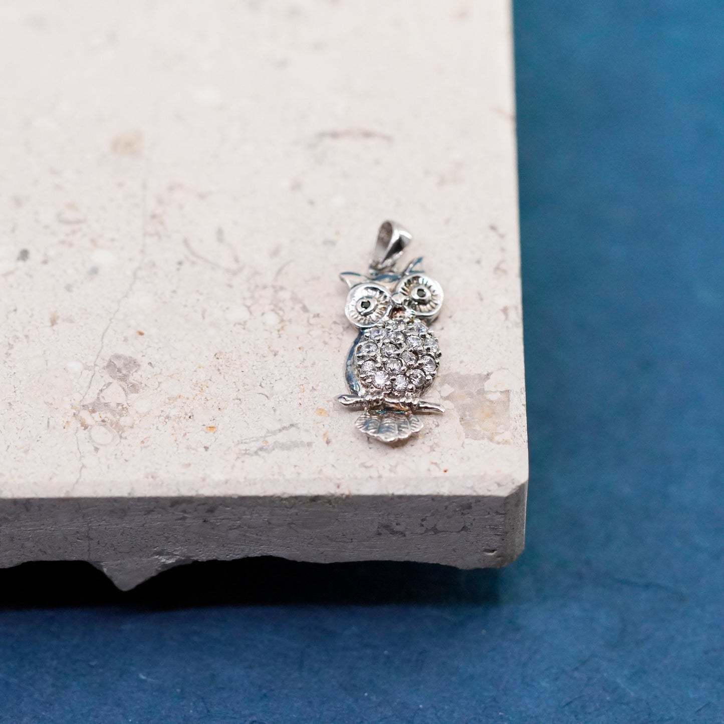 Vintage Sterling silver Handmade pendant, 925 owl charm with cz