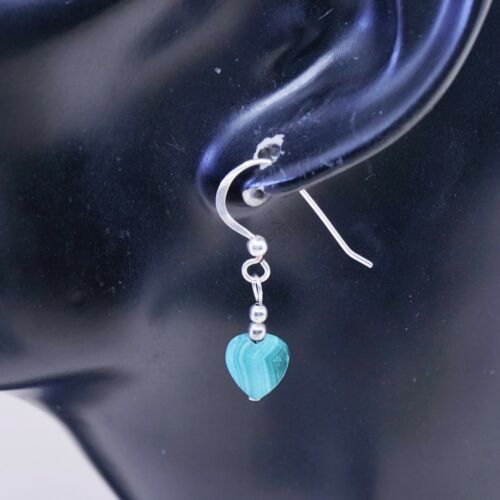 Vintage mexico Sterling silver earrings, 925 Hooks with Heart malachite