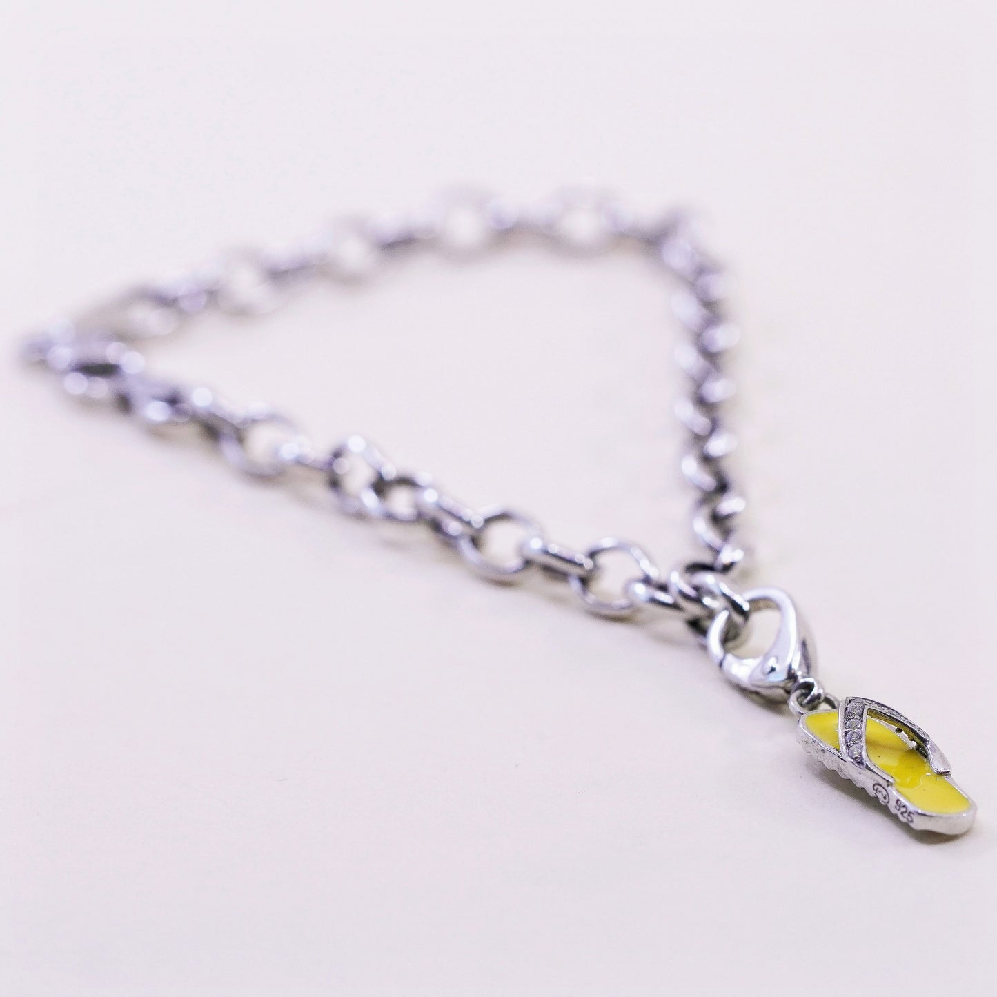 7”, Vintage sterling silver handmade bracelet, 925 oval link chain sandal charm