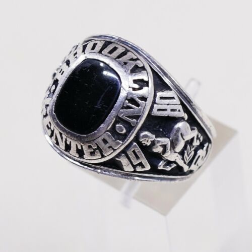 Sz 11.5, 1980s Sterling Silver Ring, 925 Brooklyn Center Statement W/ Obsidian