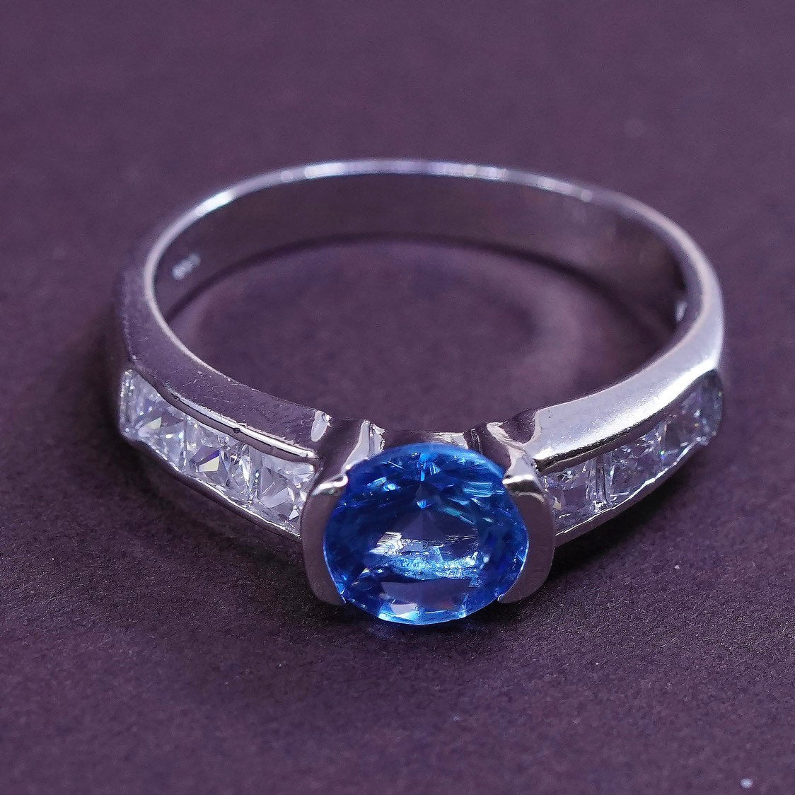 Size 9.5, vtg Sterling silver engagement ring, solid 925 w/ blue topaz and cz