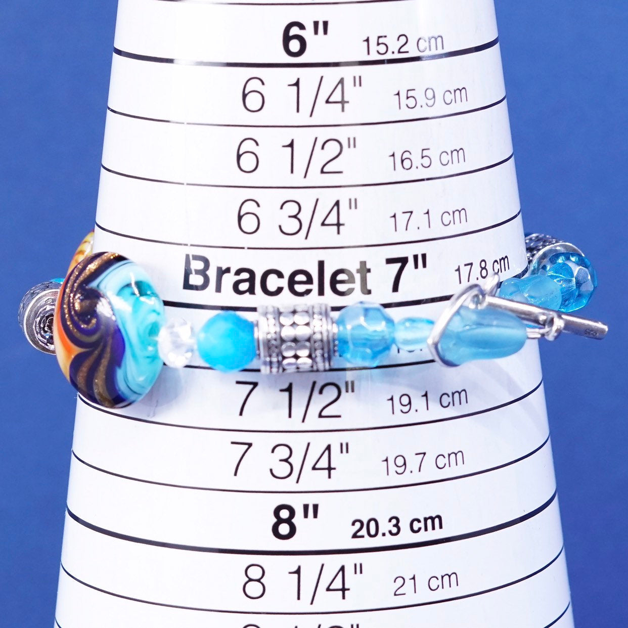 7.25", handmade sterling silver bracelet, 925 beads w/ foiled glass N heart