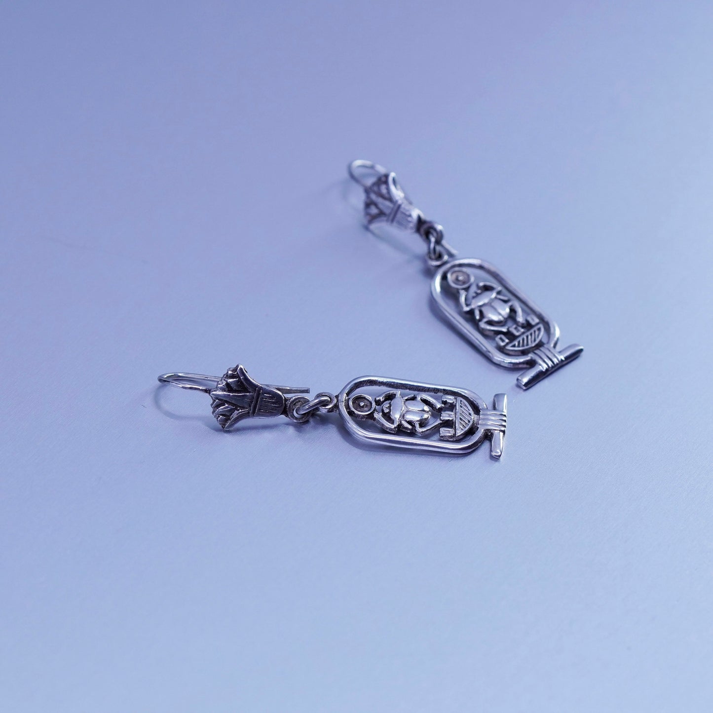 vtg Egyptian Sterling silver handmade earrings, 925 Scarab dung beetle dangles