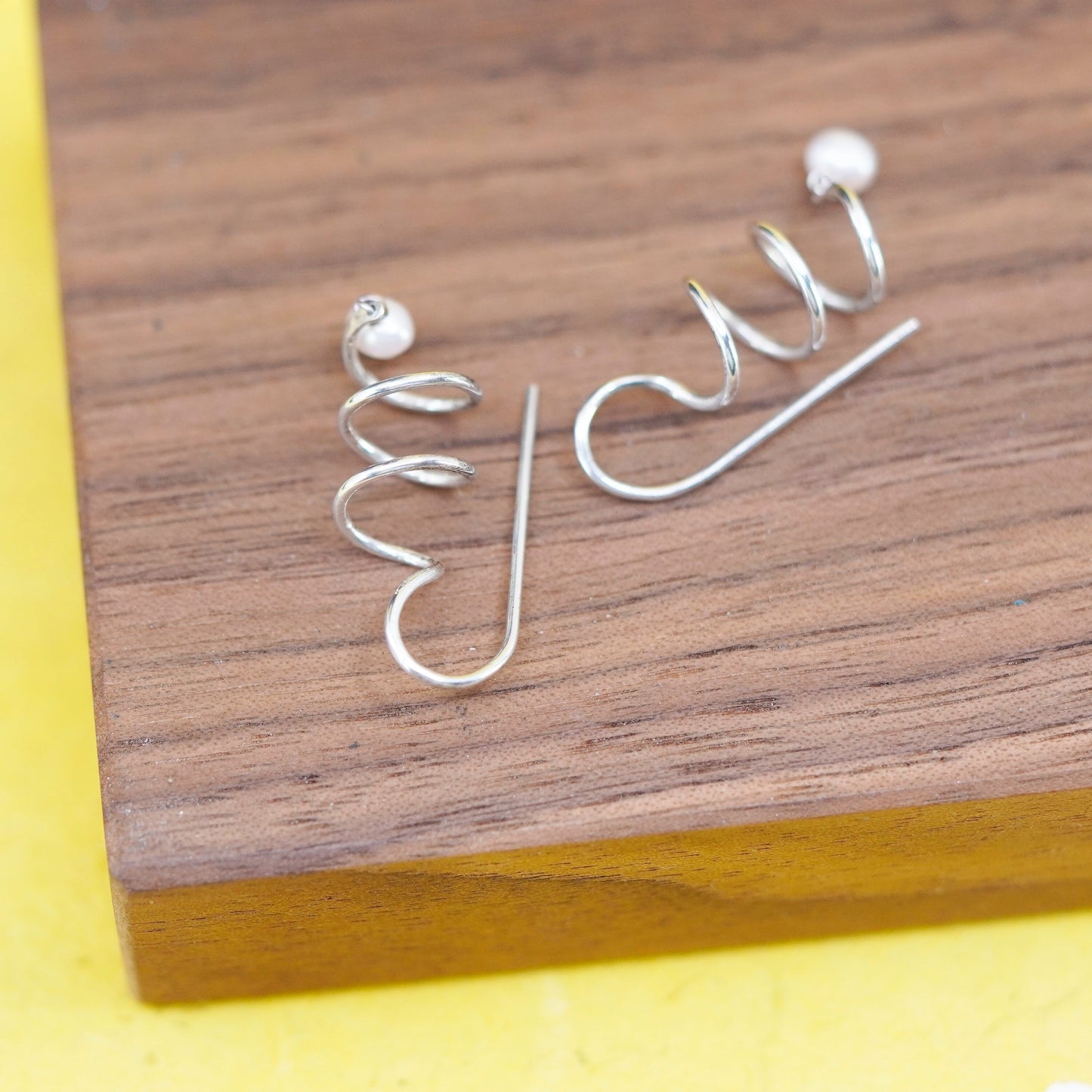 Vintage Sterling 925 silver handmade swirly earrings with pearl