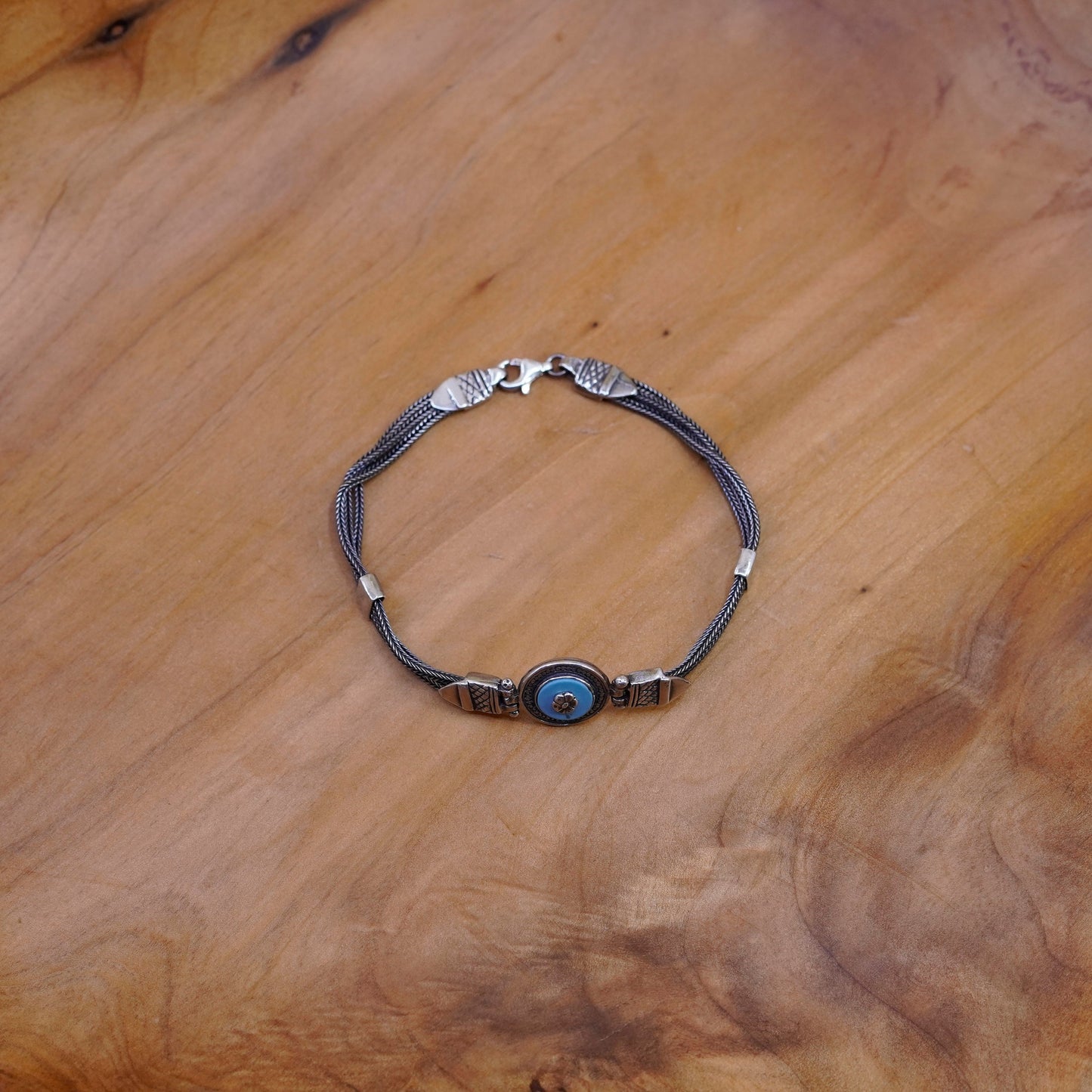 7”, Israel Sterling silver bracelet, multi strands 925 wheat chain turquoise