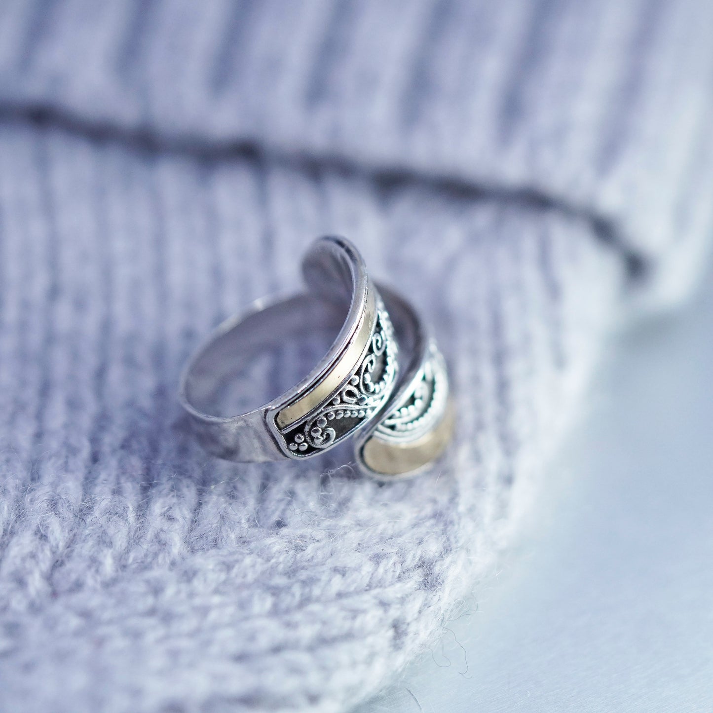 Size adjustable, NF Sterling 925 silver wired beaded ring with 14K gold accent