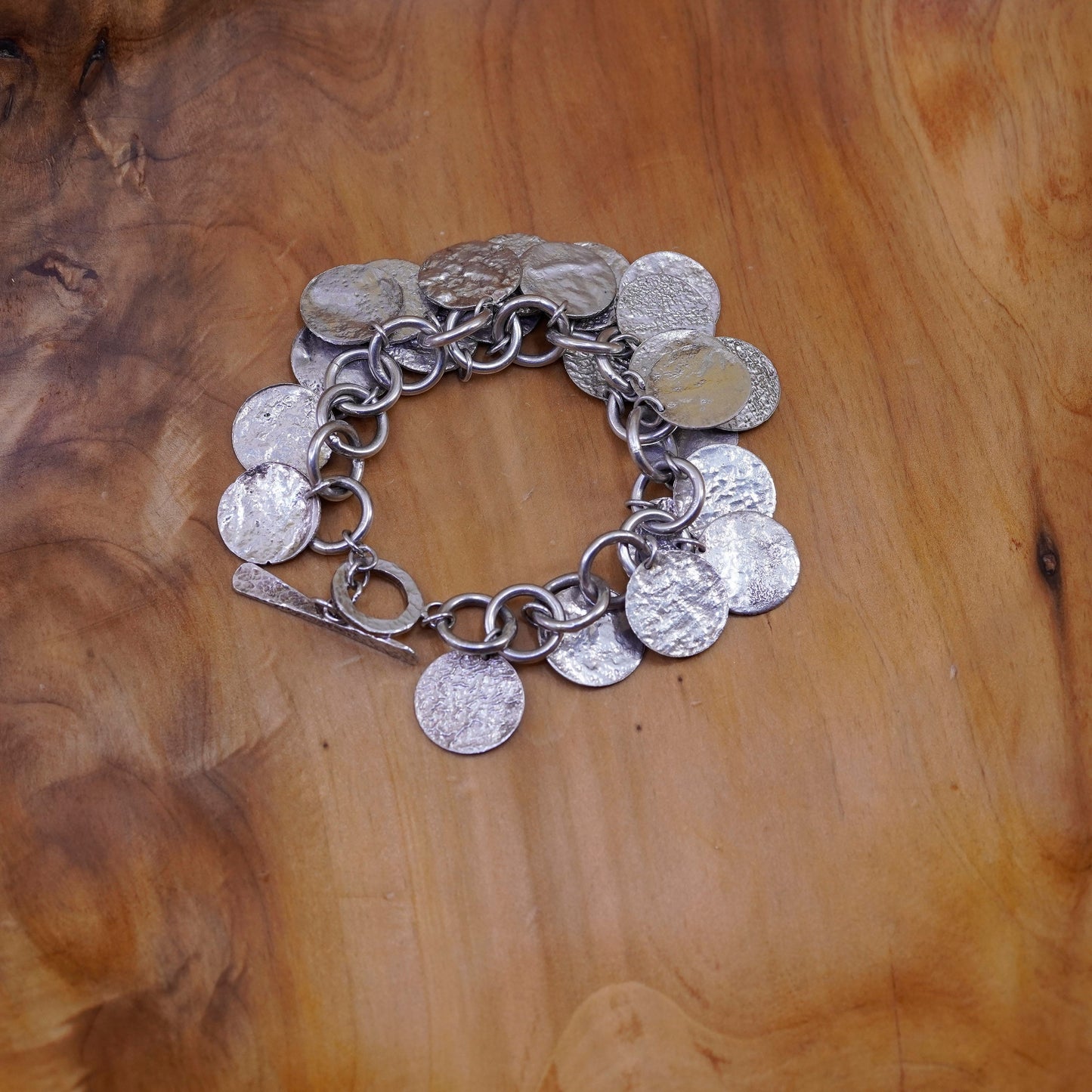 7.5”, Sterling silver bracelet, 925 bold circle chain hammered disc charms