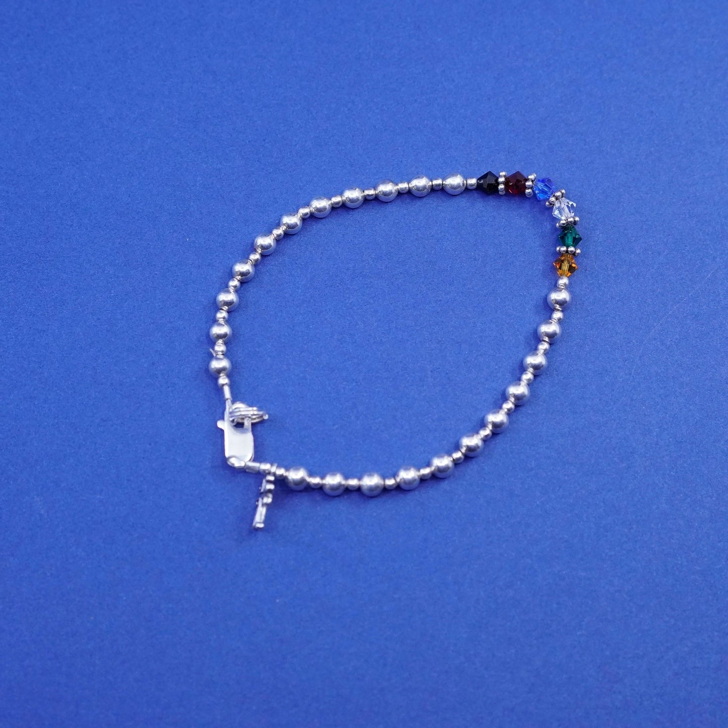 6.75”, sterling silver bracelet, 925 circle chain w/ cross charm crystal beads