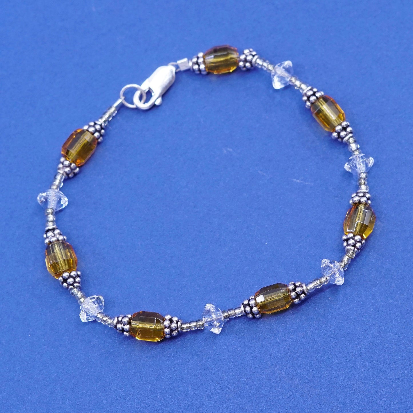 7”, vintage Sterling silver handmade bracelet, 925 with citrine and crystal