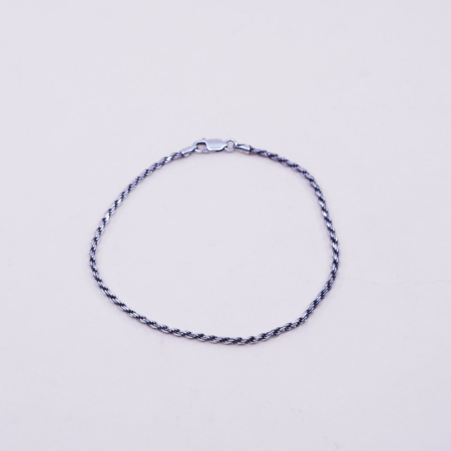 9”, 2mm, Vintage sterling 925 silver Italy rope chain bracelet