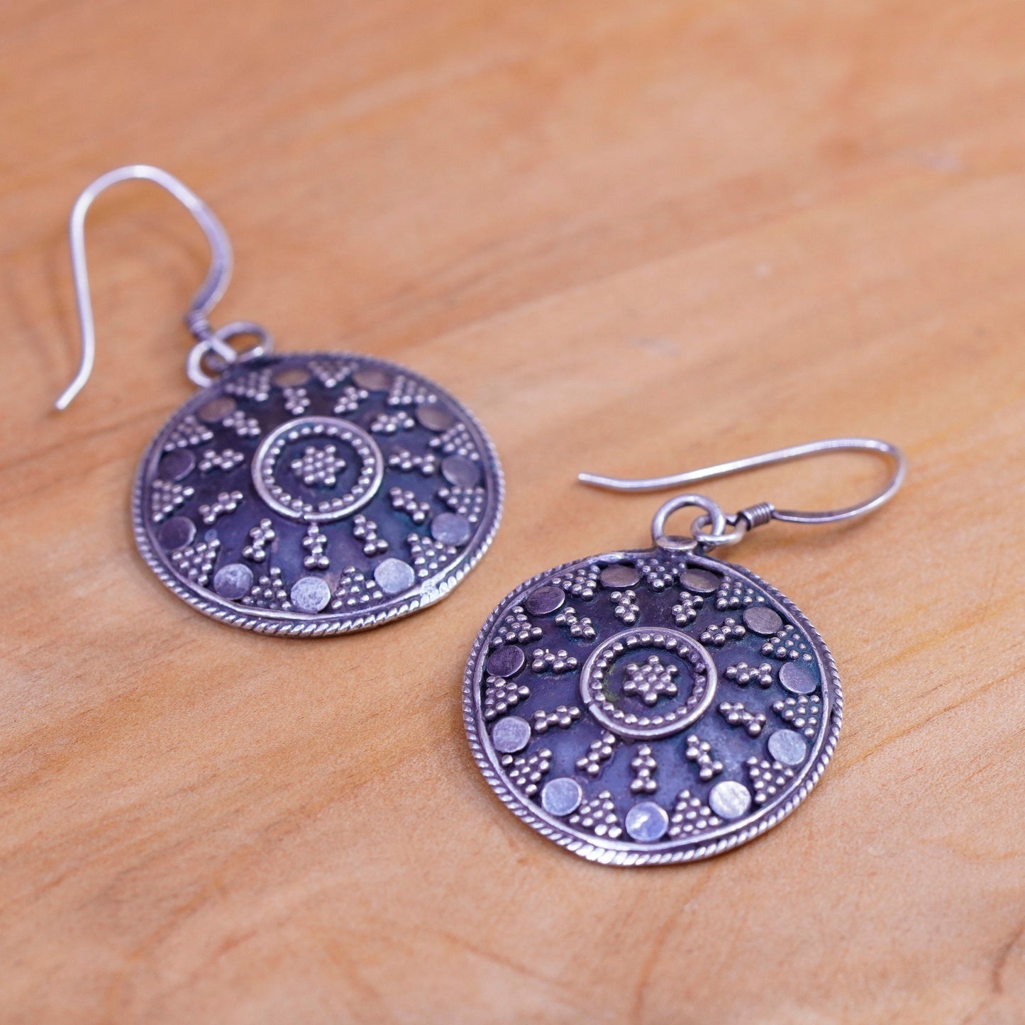 Vintage Sterling silver handmade earrings, 925 beaded disc drops