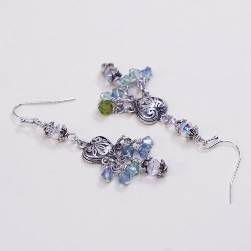 Sterling Silver Handmade Earrings, 925 Silver Filigree Heart W/ Green Crystal